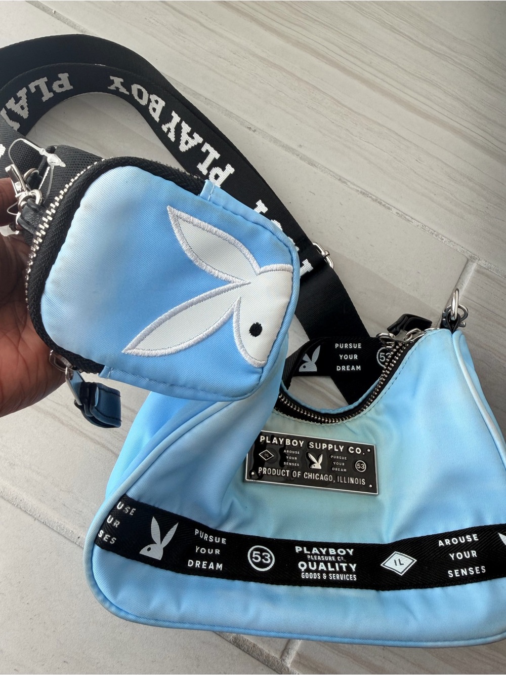 PLAYBOY Baby Blue Shoulder Bag with Bunny Patch and Branded Strap